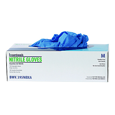 Boardwalk Disposable Powder-Free Nitrile Gloves, Medium, Blue, 5 mil, 100/Box (BWK395MBXA)