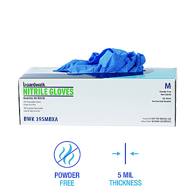 Boardwalk Disposable Powder-Free Nitrile Gloves, Medium, Blue, 5 mil, 1,000/Carton (BWK395MCTA)