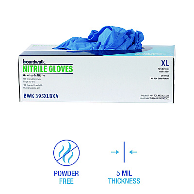 Boardwalk Disposable General-Purpose Powder-Free Nitrile Gloves, X-Large, Blue, 5 mil, 1,000/Carton (BWK395XLCTA)