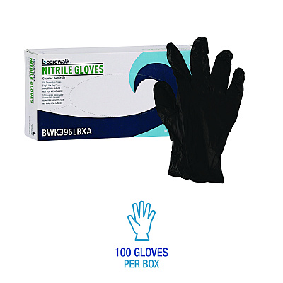 Boardwalk Disposable General-Purpose Powder-Free Nitrile Gloves, Large, Black, 4.4 mil, 100/Box, 10 Boxes/Carton (BWK396LCTA)