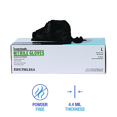 Boardwalk Disposable General-Purpose Powder-Free Nitrile Gloves, Large, Black, 4.4 mil, 100/Box, 10 Boxes/Carton (BWK396LCTA)