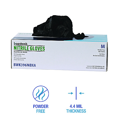 Boardwalk Disposable General-Purpose Powder-Free Nitrile Gloves, Medium, Black, 4.4 mil, 100/Box (BWK396MBXA)