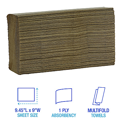 Boardwalk Multifold Paper Towels, 1-Ply, 9 x 9.45, Natural, 250/Pack, 16 Packs/Carton (BWK6202)