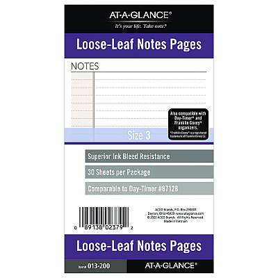 AT-A-GLANCE Lined Notes Pages for Planners/Organizers, 6.75 x 3.75, White Sheets, Undated (AAG013200)