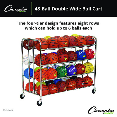 Champion Sports 48 Ball Double Wide Ball Cart, Metal, 176 lb Capacity, 24 x 55.5 x 46.5, Chrome (CSIBRC48)