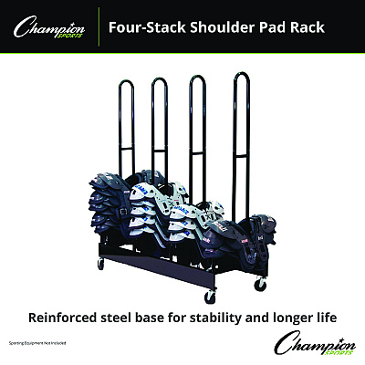 Champion Sports Mobile Four-Stack Shoulder Pad Rack, Metal, 176 lb Capacity, 24" x 59" x 68", Black (FBSPR4)