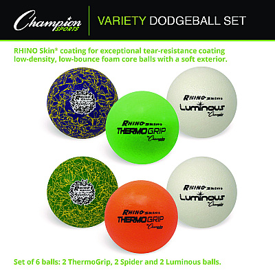 Champion Sports Rhino Skin Variety Dodgeball Set, 6.3" Diameter, Luminous/Spider/ThermoGrip, 6/Set (CSIRXVARIETYSET)