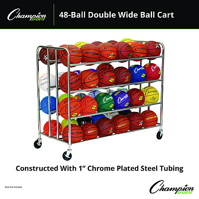 Champion Sports 48 Ball Double Wide Ball Cart, Metal, 176 lb Capacity, 24 x 55.5 x 46.5, Chrome (CSIBRC48)