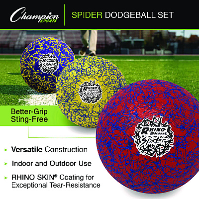 Champion Sports Rhino Skin Spider Dodgeball Set, 6.3" Diameter, Assorted Colors, 6/Set (CSIRXSPDRSET)