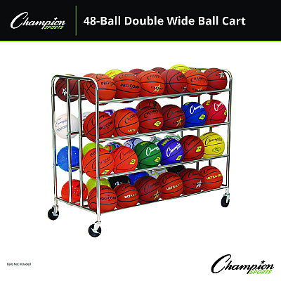 Champion Sports 48 Ball Double Wide Ball Cart, Metal, 176 lb Capacity, 24 x 55.5 x 46.5, Chrome (CSIBRC48)