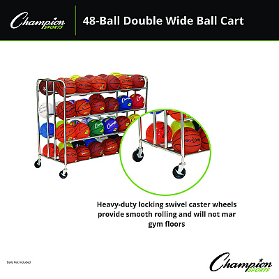 Champion Sports 48 Ball Double Wide Ball Cart, Metal, 176 lb Capacity, 24 x 55.5 x 46.5, Chrome (CSIBRC48)