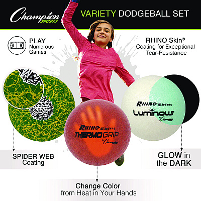 Champion Sports Rhino Skin Variety Dodgeball Set, 6.3" Diameter, Luminous/Spider/ThermoGrip, 6/Set (CSIRXVARIETYSET)