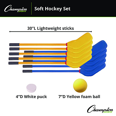 Champion Sports Rhino Soft Hockey Set, 30" Long, (10) Sticks/7" Ball/4" Puck (CSIHS10SET)