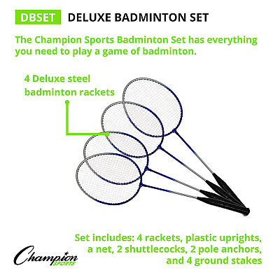 Champion Sports Deluxe Badminton Set, 20 ft Net with 4 Rackets, 2 Shuttlecocks (CSIDBSET)