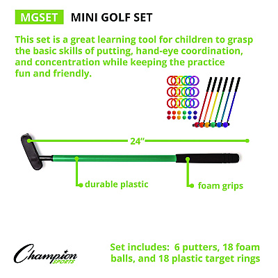 Champion Sports Mini Golf Set, 12 Balls/6 Putters/18 Rings/3 Target Holes (CSIMGSET)