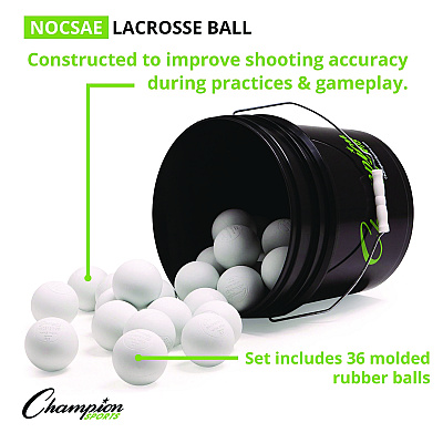 Champion Sports Lacrosse Balls in a Bucket, 11" x 11" Bucket with 36 White Rubber Balls (CSILBWN36)
