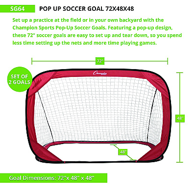Champion Sports Pop Up Soccer Goal, 72"  x 48", 1.25" dia, Pair (CSISG64)