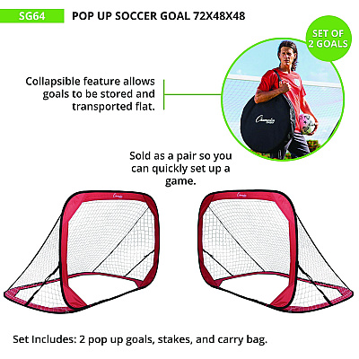 Champion Sports Pop Up Soccer Goal, 72"  x 48", 1.25" dia, Pair (CSISG64)