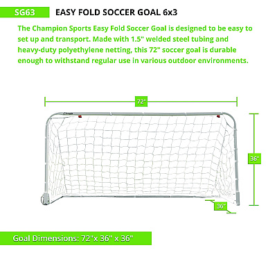 Champion Sports Easy Fold Soccer Goal, 6 ft  x 3 ft, 1.25" dia Frame (CSISG63)