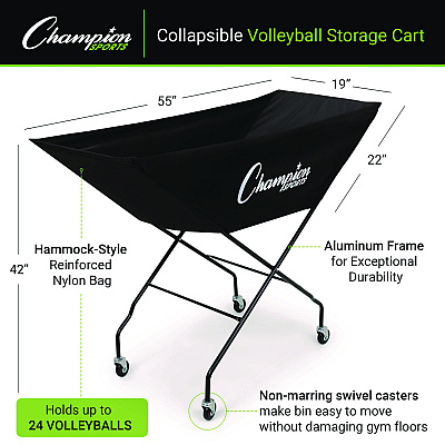 Champion Sports Pro Collapsible Volleyball Cart, 23" x 55" x 41", Black (CSIVCPRO)