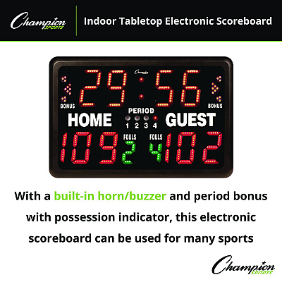 Champion Sports Tabletop Indoor Electronic Scoreboard, 24" x 16" x 10", Black Face, Red/Green/Yellow Graphics (CSIT90)