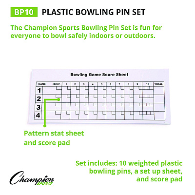 Champion Sports Plastic Bowling Pin Set, White, 10/Set (CSIBP10)
