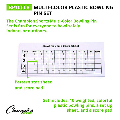 Champion Sports Plastic Bowling Pin Set, Assorted Colors, 10/Set (CSIBP10CLR)