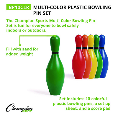 Champion Sports Plastic Bowling Pin Set, Assorted Colors, 10/Set (CSIBP10CLR)