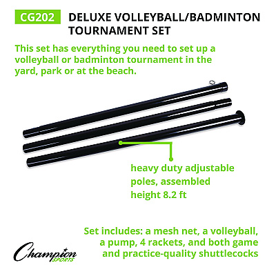 Champion Sports Deluxe Volleyball/Badminton Tournament Set, (4) Rackets/(2) Shuttlecocks/(2) Birdies/Net/Pump/Volleyball (CSICG202)