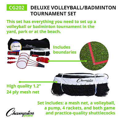 Champion Sports Deluxe Volleyball/Badminton Tournament Set, (4) Rackets/(2) Shuttlecocks/(2) Birdies/Net/Pump/Volleyball (CSICG202)