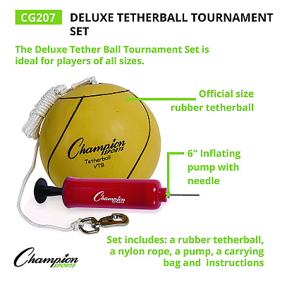 Champion Sports Deluxe Tetherball Tournament Set, Ball/24" Telescopic Poles/102" Cord/Carry Case/Pump/Needle (CSICG207)