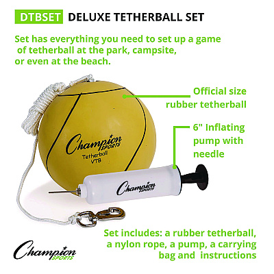 Champion Sports Deluxe Tether Ball Set, Tetherball/102" Cord/(4) 24" Telescoping Poles/Carry Bag/Pump with Needle (CSIDTBSET)