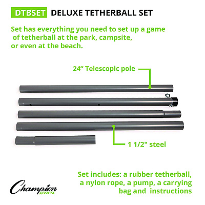 Champion Sports Deluxe Tether Ball Set, Tetherball/102" Cord/(4) 24" Telescoping Poles/Carry Bag/Pump with Needle (CSIDTBSET)