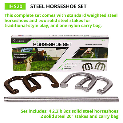 Champion Sports Steel Horseshoe Set, (4) Horseshoes/(2) 20" Stakes/Nylon Carry Bag (CSIIHS20)