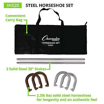Champion Sports Steel Horseshoe Set, (4) Horseshoes/(2) 20" Stakes/Nylon Carry Bag (CSIIHS20)