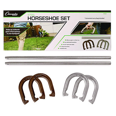 Champion Sports Steel Horseshoe Set, (4) Horseshoes/(2) 20" Stakes/Nylon Carry Bag (CSIIHS20)