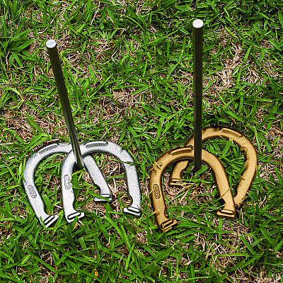 Champion Sports Steel Horseshoe Set, (4) Horseshoes/(2) 24" Stakes/Nylon Carry Bag (CSIIHS100)