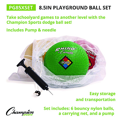 Champion Sports 8.5" Playground Ball Set with Pump, Assorted Colors, 6/Set (CSIPG85XSET)