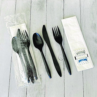 Boardwalk Six-Piece Cutlery Kit, Fork/Knife/Napkin/Pepper/Salt/Spoon, Black, 250/Carton (BWKCOMBO6KIT)
