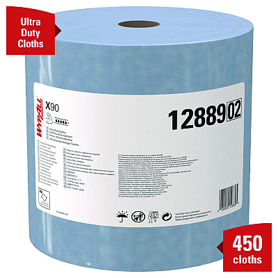 WypAll X90 Cloths, Jumbo Roll, 2-Ply, 11.1 x 13.4, Denim Blue, 450/Roll (KCC12889)