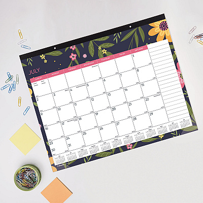 Blueline Academic 18-Month Desk Pad Calendar, Floral Artwork, 22 x 17, White/Multicolor Sheets, Black Headband, July 2025 to Dec 2026 (CA1716BD)