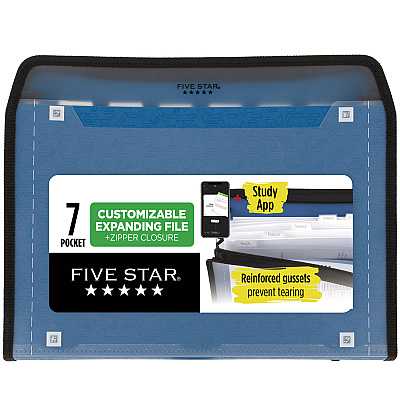 Five Star Expanding File, 7.5" Expansion, 7 Sections, Zipper Closure, Letter Size, Randomly Assorted Colors (MEA350099)