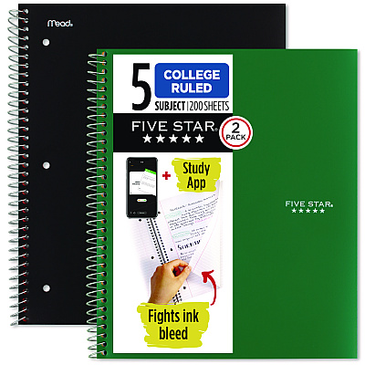 Five Star Wirebound Notebook, 5-Subject, Medium/College Rule, Assorted Cover Colors, (200) 11 x 8.5 Sheets, 2/Pack (MEA820190)