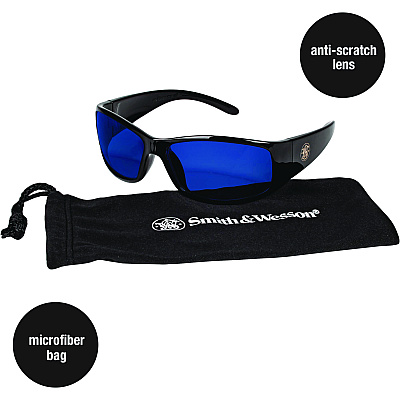 Smith & Wesson Elite Safety Glasses 3016314, Black Frame, Blue Mirror Polycarbonate Lens, 12/Carton (KCC21307)