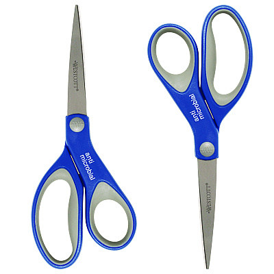 Westcott Scissors with Antimicrobial Protection, 8" Long, 3.25" Cut Length, Straight Blue/Gray Handle, 2/Pack (ACM17836)