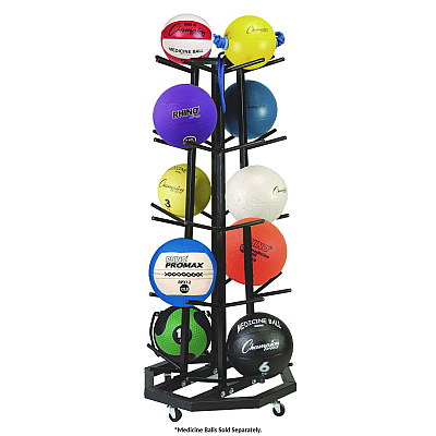 Champion Sports Deluxe Five-Row Mobile Medicine Ball Rack, Metal, 198 lb Capacity, 25" x 25" x 56", Black (MBR3)