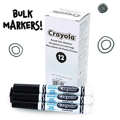 Crayola Broad Line Washable Markers, Broad Bullet Tip, Black, 12/Box (CYO587800051)