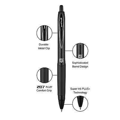 uniball 207 Plus+ Gel Pen, Retractable, Micro 0.5 mm, Black Ink, Black Barrel, Dozen (UBC70606)