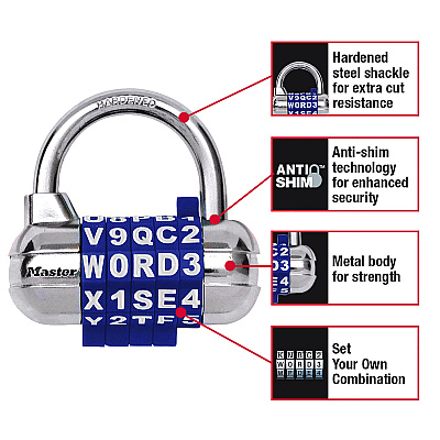Master Lock Password Plus Combination Lock, Hardened Steel Shackle, 2.5" Wide, Chrome/Assorted (MLK1534D)
