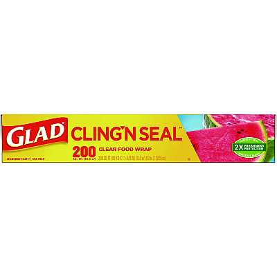 Glad Cling'N Seal Plastic Food Wrap, 200 Square Foot Roll, Clear, 12 Rolls/Carton (CLO00020CT)